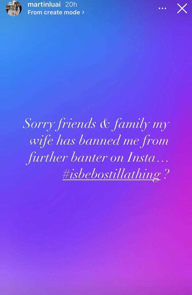 Martin Luai has been banned from Instagram by his wife. Picture: Instagram
