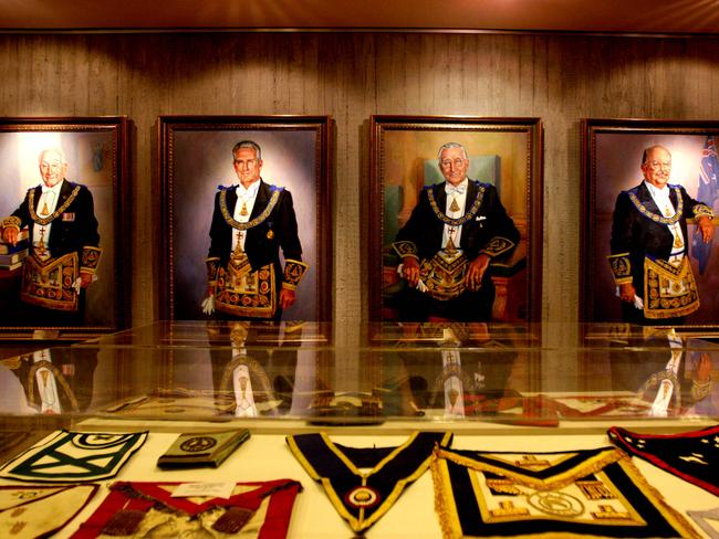 Portraits of former Grandmasters and paraphernalia during a publicity tour of Freemasons NSW and ACT branch in Goulburn Street, Sydney.