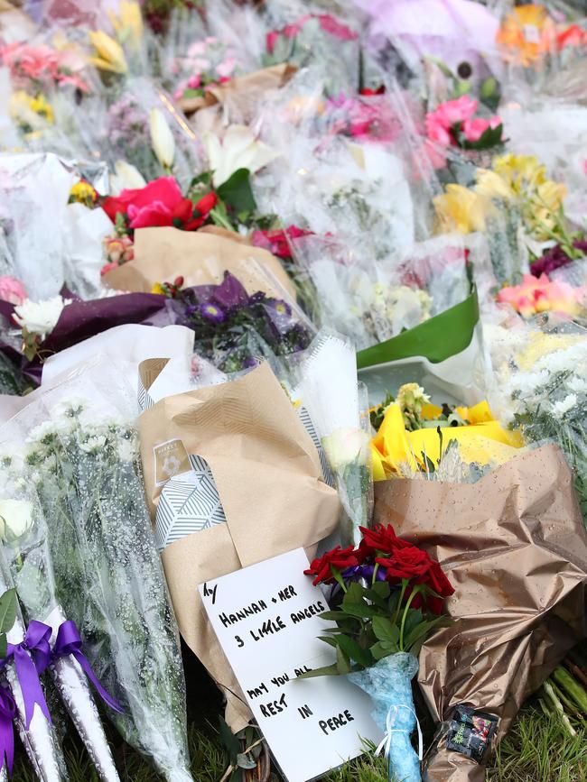 Flowers are seen during a vigil to remember murdered mother, Hannah Clarke and her three children at Bill Hewitt Reserve in Camp Hill on February 23, 2020 in Brisbane, Australia.