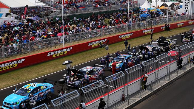 General view of the cars on the grid after the race was red flagged.