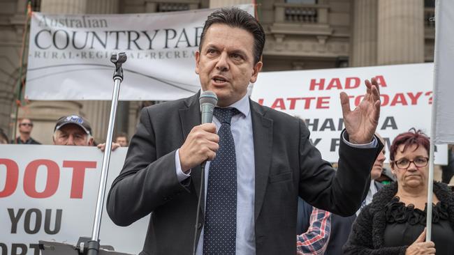 Senator Nick Xenophon speaks at a rally supporting dairy farmers. Picture: Jake Nowakowski