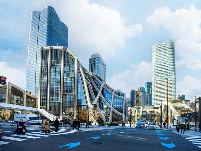 Tokyo, Japan. January 9, 2024. exterior view of Azabudai Hills Garden Plaza shopping mall in the city center