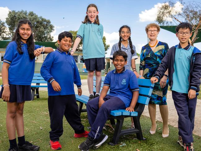 Maya, 9, Ahad, 8, Primrose, 9, Johnathan, 11, Maya, 11, Deborah Grossek principal. Hugo, 11Glendal Primary School photo for NAPLAN results being released on Wednesday. The photo will include a group of year three and five students. Picture: Jason Edwards