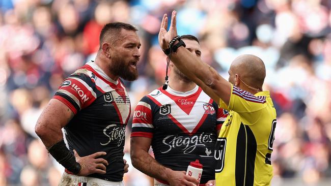 SYDNEY, AUSTRALIA - JULY 07: Jared Waerea-Hargreaves of the Roosters is sent to the sin bin and placed on report during the round 18 NRL match between Sydney Roosters and St George Illawarra Dragons at Allianz Stadium, on July 07, 2024, in Sydney, Australia. (Photo by Cameron Spencer/Getty Images)