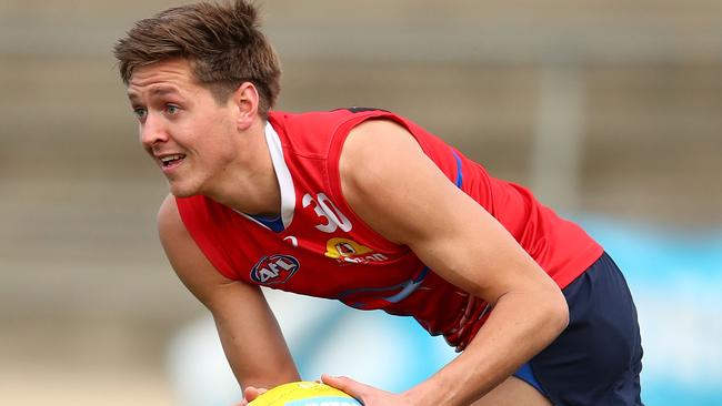 Fergus Greene runs with the ball during a training session at Whitten Oval this month. Picture: Getty Images