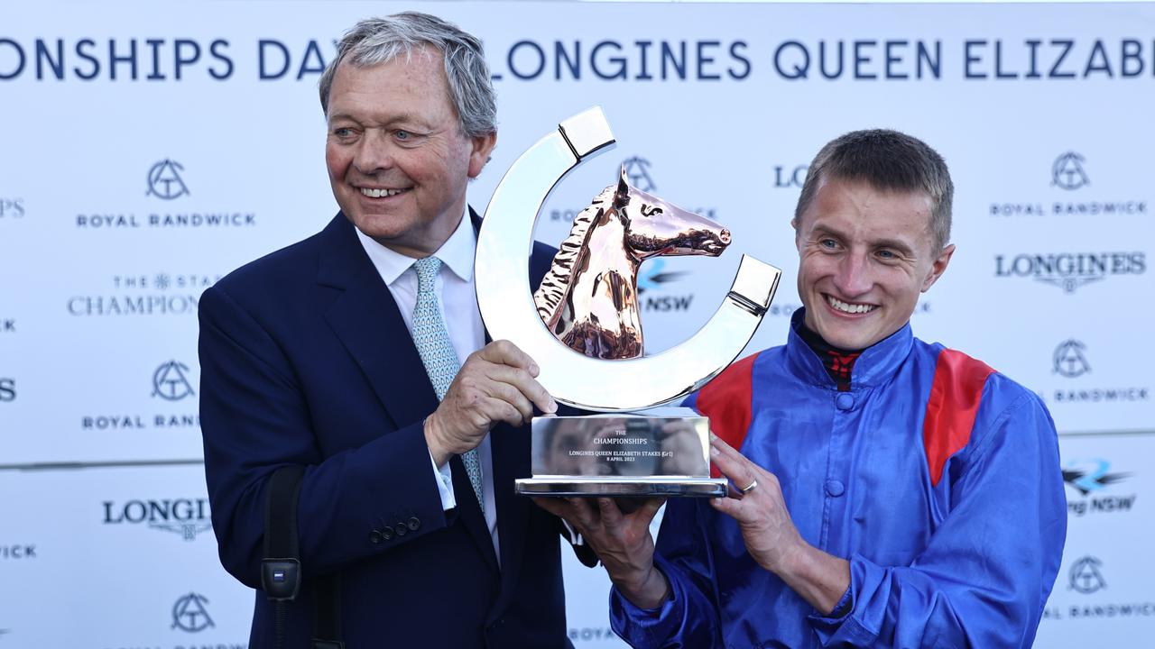 William Haggas with Tom Marquand after winning the Queen Elizabeth Stakes. Picture: Jeremy Ng/Getty Images