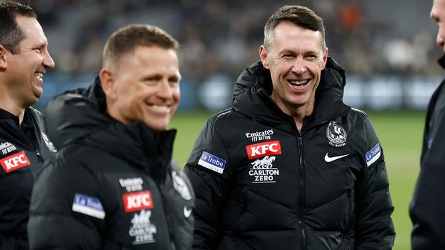 Collingwood coach Craig McRae (right) says it will be extremely difficult to replace departed Magpies football boss Graham Wright. Picture: Michael Willson / Getty Images