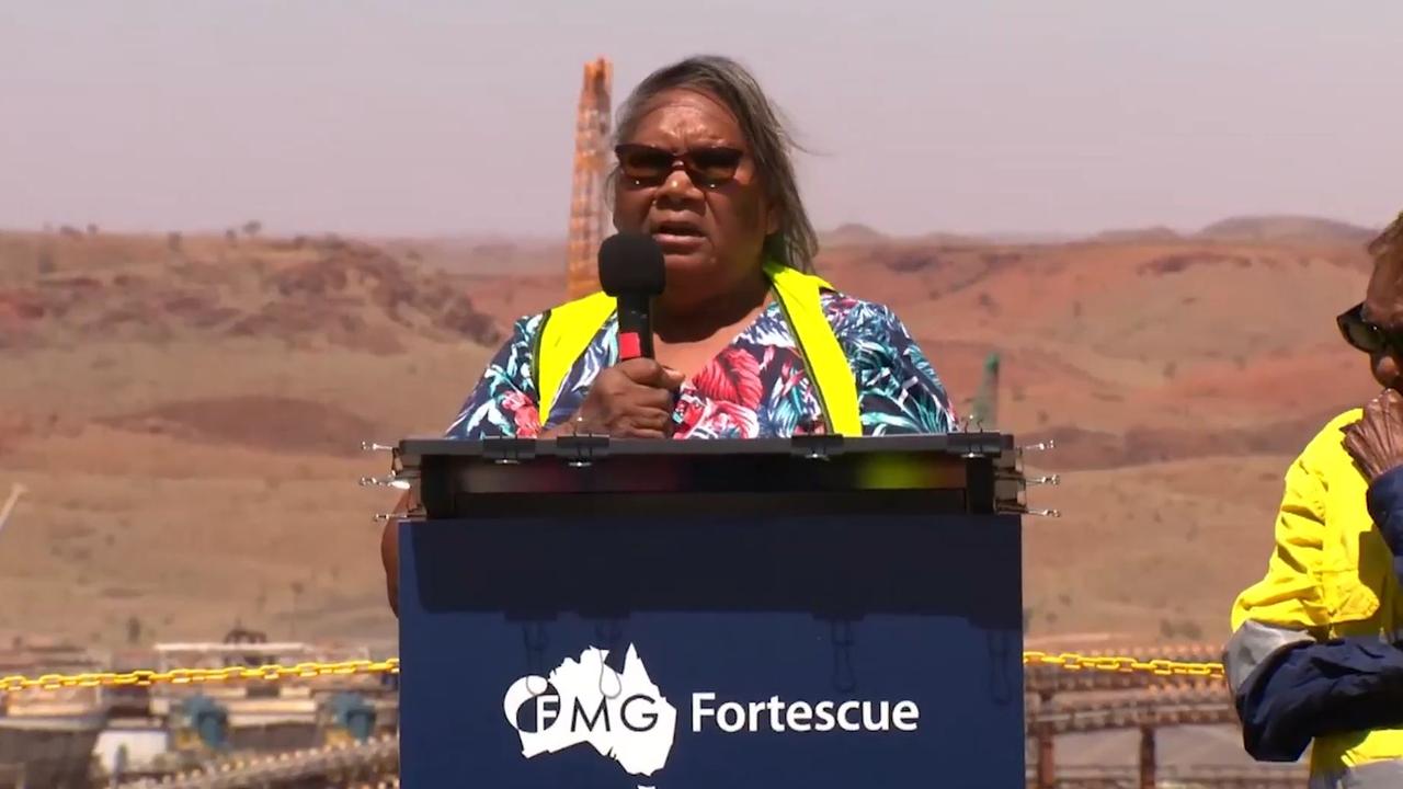 Aunty Doris Mitchell-Eaton addressing media at Fortescue’s Iron Bridge site. Picture: Supplied.