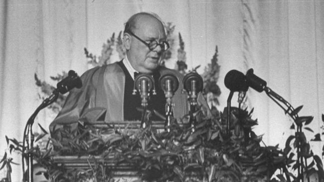 Winston Churchill delivering his famous “Iron Curtain” speech in Missouri in 1946.