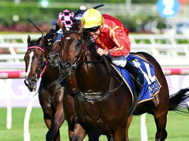 Transatlantic dominates his rivals in The Buffering for trainer Tony Gollan and jockey Ryan Maloney. Picture: Grant Peters - Trackside Photography.