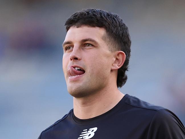 PERTH, AUSTRALIA - JUNE 01: Rowan Marshall of the Saints looks on while warming up during the round 12 AFL match between West Coast Eagles and St Kilda Saints at Optus Stadium, on June 01, 2024, in Perth, Australia. (Photo by Paul Kane/Getty Images)