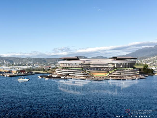 Artist’s impression of the new AFL Hobart stadium at Regatta Point in relation to Tasmania's bid for an AFL team. Picture: Philip Lighton Architects