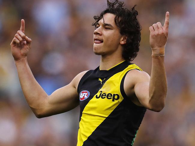 Richmond's Daniel Rioli after kicking a first quarter goal. Picture: Michael Klein