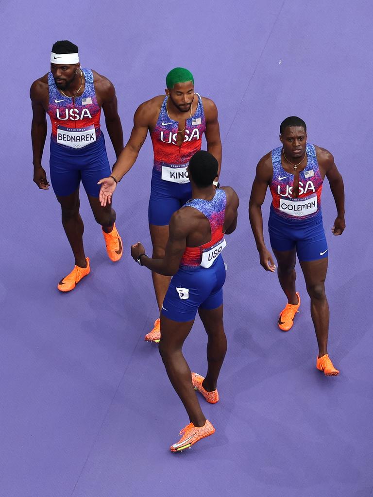 Kenneth Bednarek, Christian Coleman, Fred Kerley and Kyree King of Team United States aren’t happy. Photo by Richard Heathcote/Getty Images.