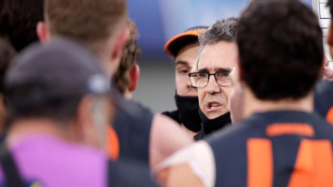 Leon Cameron addresses his Giants players during last week’s elimination final victory over Sydney Swans. Picture: AFL Photos via Getty Images