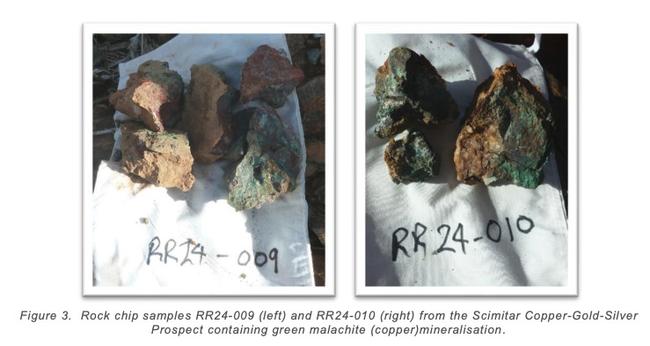 Some of the high-grade rock chips at Reynolds Range teeming with copper mineral malachite. Pic: ITM