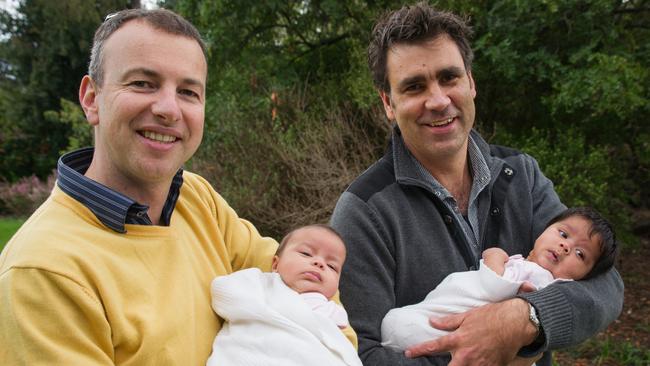 Sam Everingham with partner Phil and children Zoe and Ruby, who were born through surrogacy.