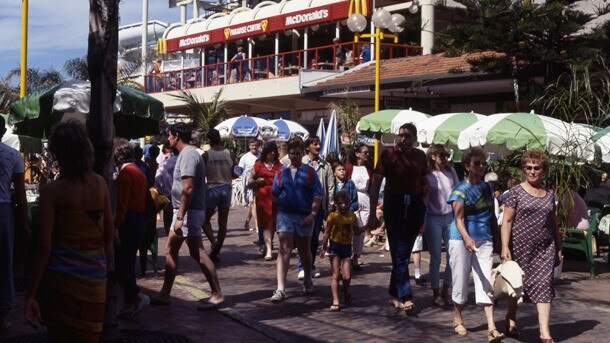 Cavill Mall and the Grundy's slides, Surfers Paradise, early 1980s