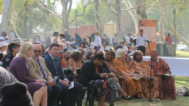 Hundreds of Dr MK Turner OAM’s family and friends, alongside dignities, gathered for her funeral in Alice Springs’ Telegraph Station on Thursday. Picture: Laura Hooper.