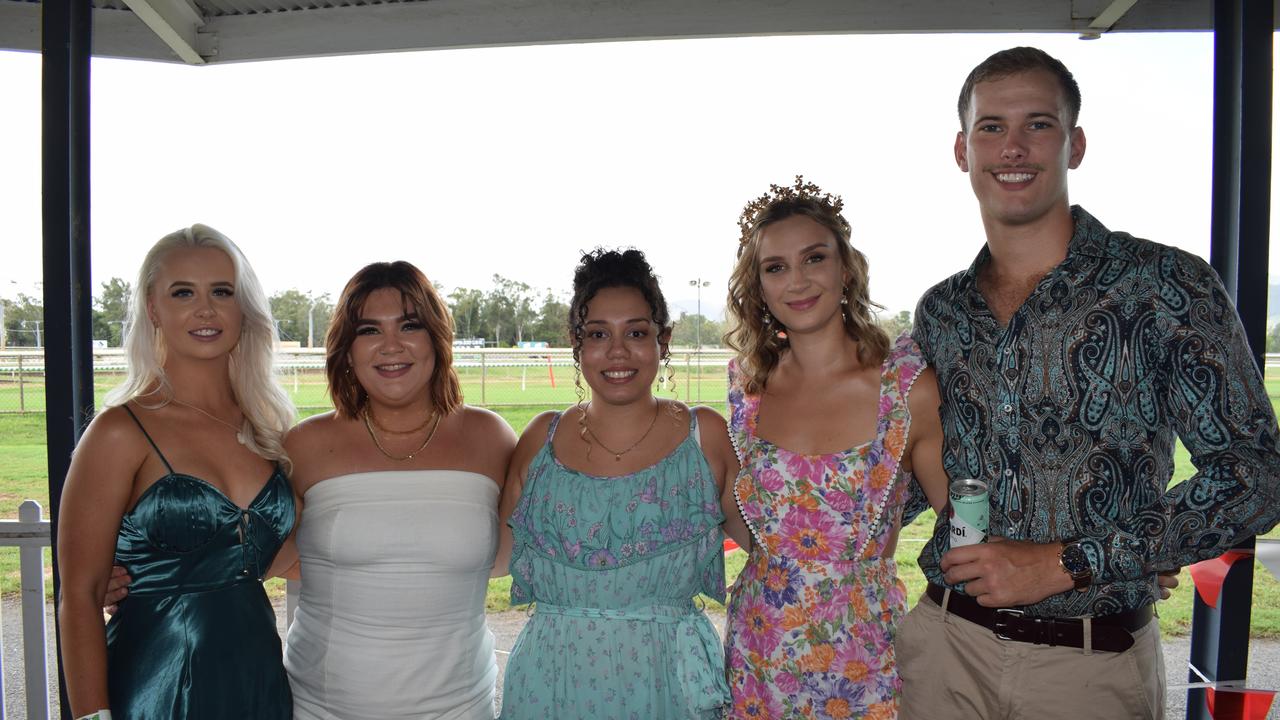 Chloe Tanser, Jaymee Butcher, Ashley Rowe, Jewel Krautz and Leyton Carr at the St Patrick’s Day races in Rockhampton on March 12, 2022. Picture: Aden Stokes