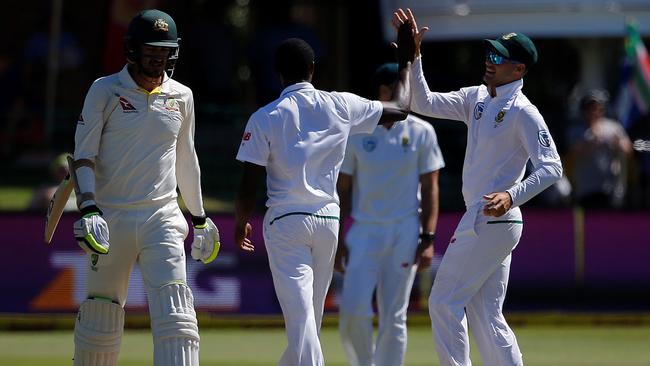 Kagiso Rabada celebrates the wicket of Mitch Starc.