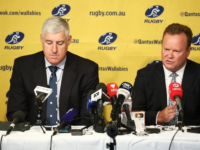 SYDNEY, AUSTRALIA - APRIL 10:  Bill Pulver, CEO of Australian Rugby Union and Cameron Clyne Chairman of Australian Rugby Union, speak to the media during an ARU press conference at ARU HQ on April 10, 2017 in Sydney, Australia.  (Photo by Brendon Thorne/Getty Images)