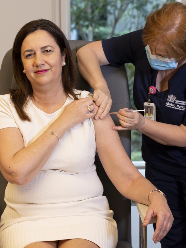 Queensland Premier Annastacia Palaszczuk receiving her first Pfizer dose. Picture: NCA NewsWire / Sarah Marshall