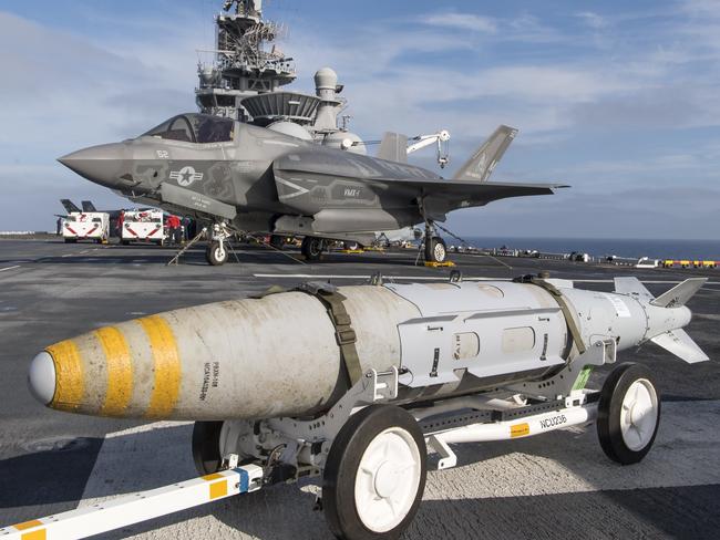 An F-35 undergoes operational testing aboard a US Marine amphibious assault carrier last year. The stealth fighter’s abilities are limited by the need for stealth. Picture: US Navy