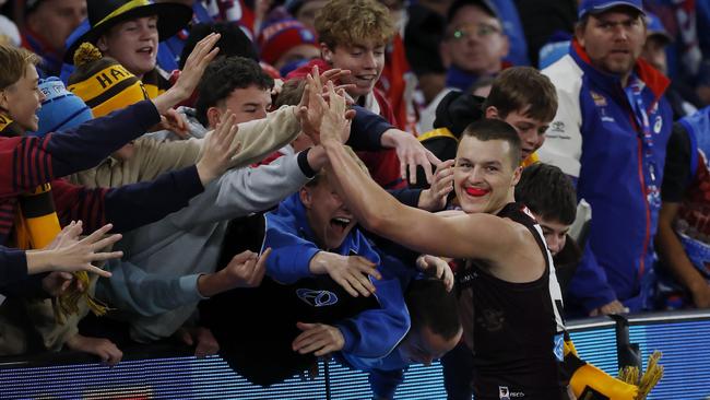 He then celebrated with some Hawthorn fans. Picture: Michael Klein