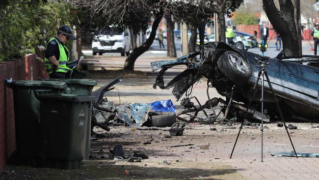 The car’s engine was torn from its mount and ended up on the footpath. Picture: Tait Schmaal