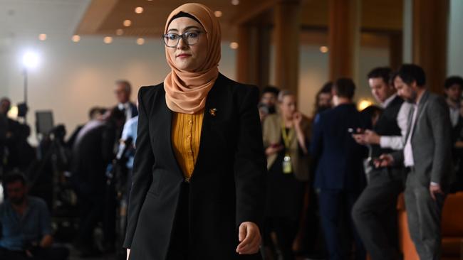 Senator Fatima Payman announces her exit from the ALP in Canberra on July 4. Picture: Martin Ollman