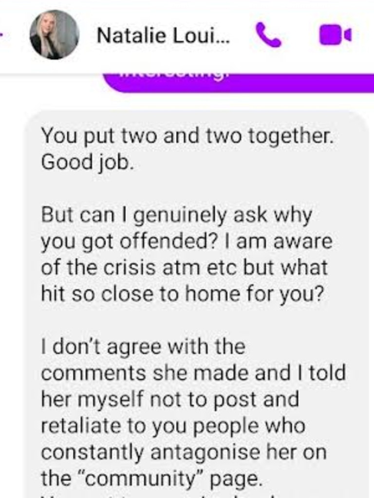 Aimee’s sister Natalie privately contacted the military veteran to defend her sister. Picture: Facebook