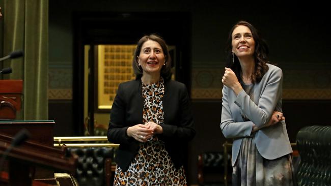 POOL PHOTOS - NSW Premier Gladys Berejiklian shows New Zealand Prime Minister Jacinda Ardern around the Legislative Assembly in Parliament House, Sydney. Picture: Toby Zerna