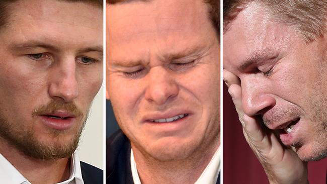 Cameron Bancroft, Steve Smith and David Warner are the faces of the ball-tampering saga. Pic: AFP