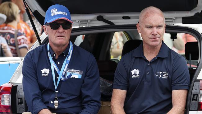 Outgoing race director Mike Turtur, left, and his successor Stuart O’Grady pictured watching the 2020 Tour Down Under. Picture: Sarah Reed