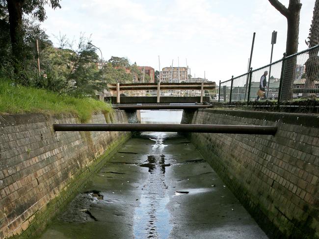 The stormwater channel where Bo the dog was found by dog walker Phillippa Taylor at Reid Park. The channel drains out to Mosman Bay. Picture: Troy Snook