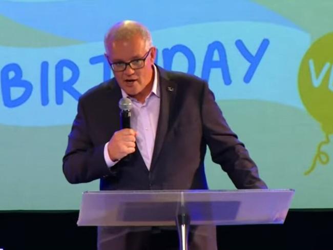 Scott Morrison speaking at a guest at Margaret Court's Church. Picture: 9 News