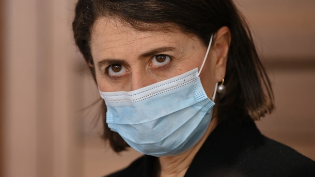NSW Premier Gladys Berejiklian is seen during Tuesday's press conference as 172 COVID cases were recorded. Photo: Joel Carrett-Pool/Getty Images