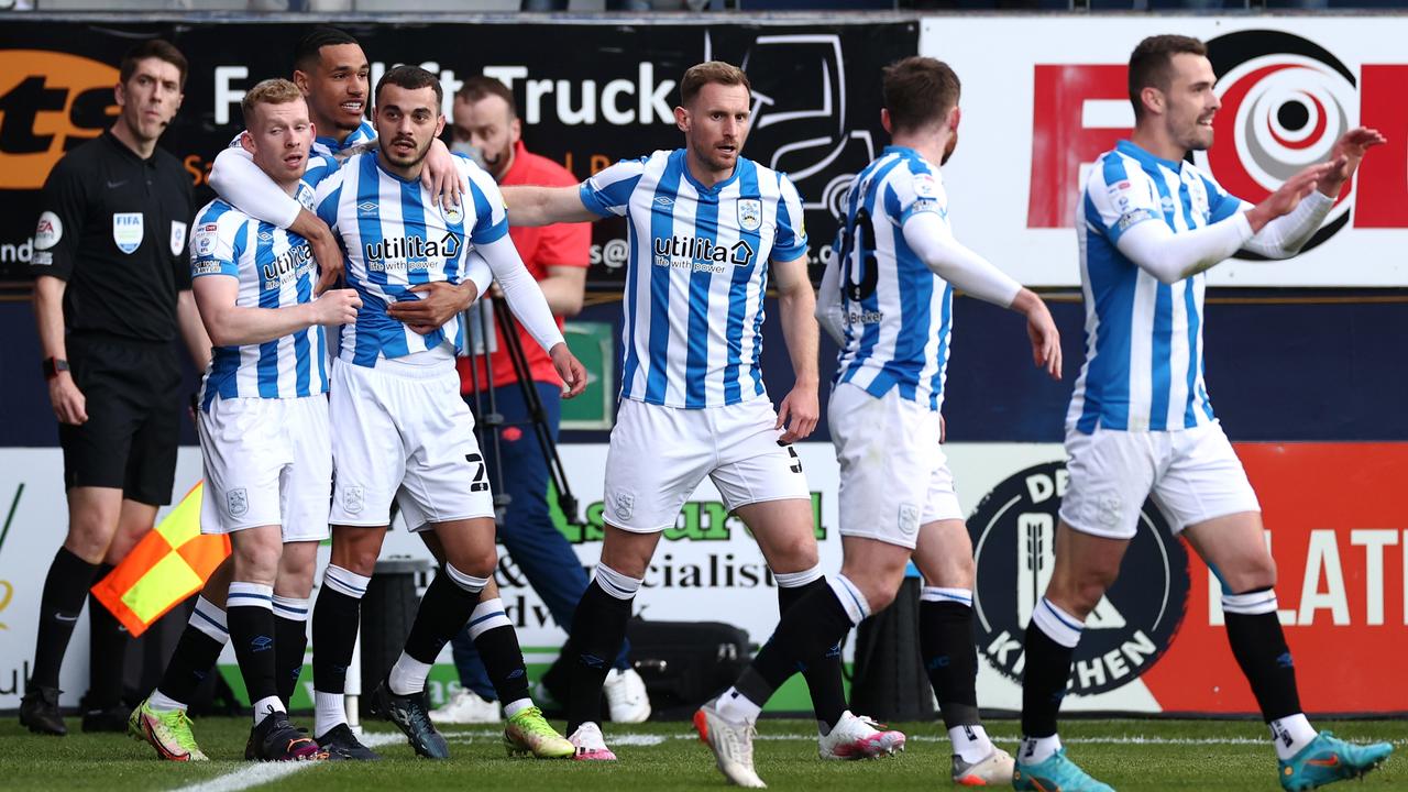 Danel Sinani of Huddersfield Town celebrates scoring his team's first goal.