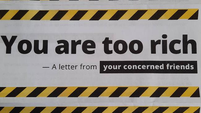 The front of the letter labelled Toorak residents “too rich”. Picture: Twitter