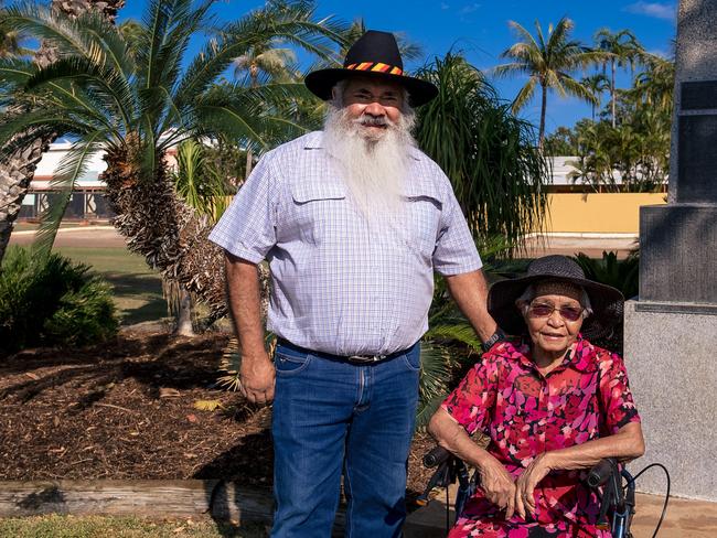 22/04/2022: Pat Dodson with his sister Faye at the memorial in Broome, Western Australia for servicemen from Z Special Unit. PIC: Nik Buttigieg