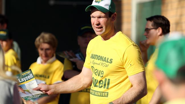 Nationals senator Matt Canavan spruiking for Dave Layzell at a polling booth at Singleton Heights Public School for the Upper Hunter by-election. Picture: Tim Hunter.