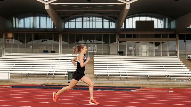 Marathon runner Jessica Stenson training at Santos Stadium. Picture: Sarah Reed