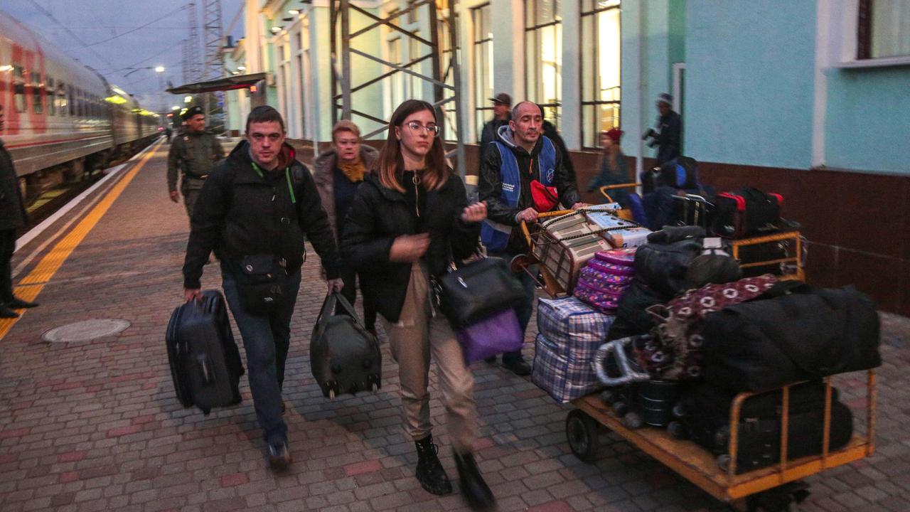 Refugees after leaving Kherson which is currently being occupied by Russian troops. Picture: Stringer/AFP