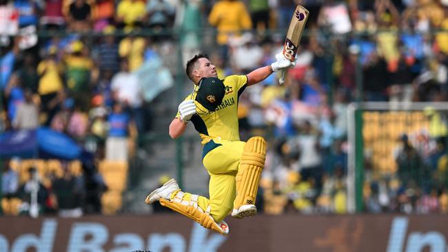 David Warner celebrates his century against Pakistan. Picture: R.Satish BABU / AFP