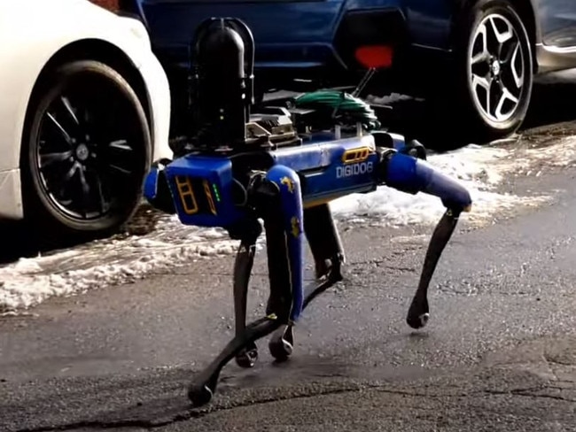 The robot is a renamed, repainted Boston Dynamics Spot robot. Picture: YouTube/FNTV