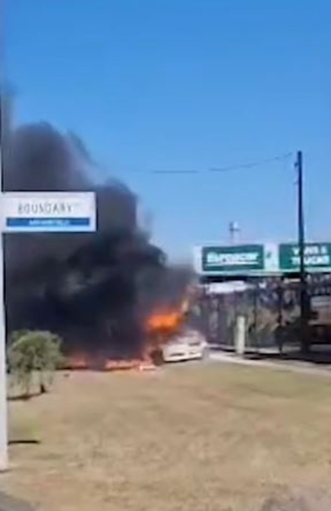 A driver is critical after a fiery crash in Archerfield this afternoon. Picture: 9 News