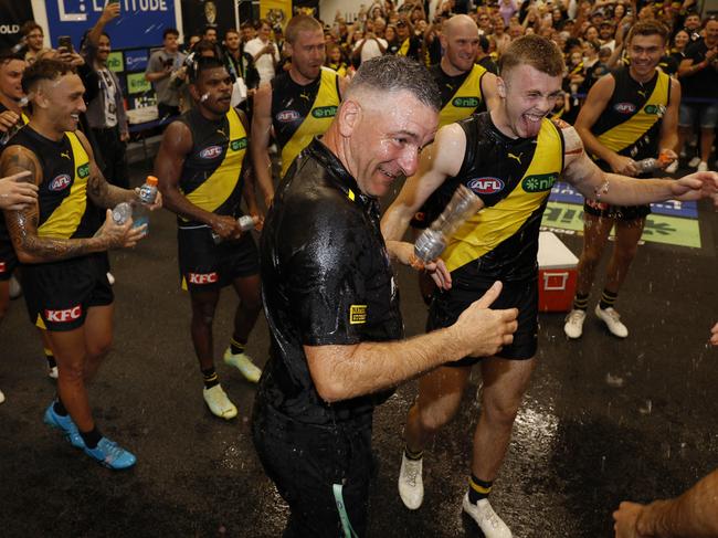 Adam Yze cops a gatorade drenching after his first win in charge. Picture: Michael Klein