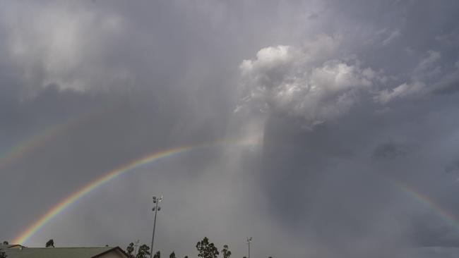 A rainbow appears after a storm briefly interrupted the 2021 Postle Gift Raceday at Club Pittsworth, Saturday, October 30, 2021. Picture: Kevin Farmer