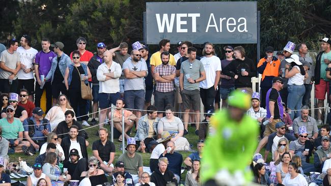 Fans are seen during the Big Bash League (BBL) eliminator final cricket match between Hobart Hurricanes and Sydney Thunder at Blundstone Arena in Hobart, Thursday, January 30, 2020. (AAP Image/Darren England)